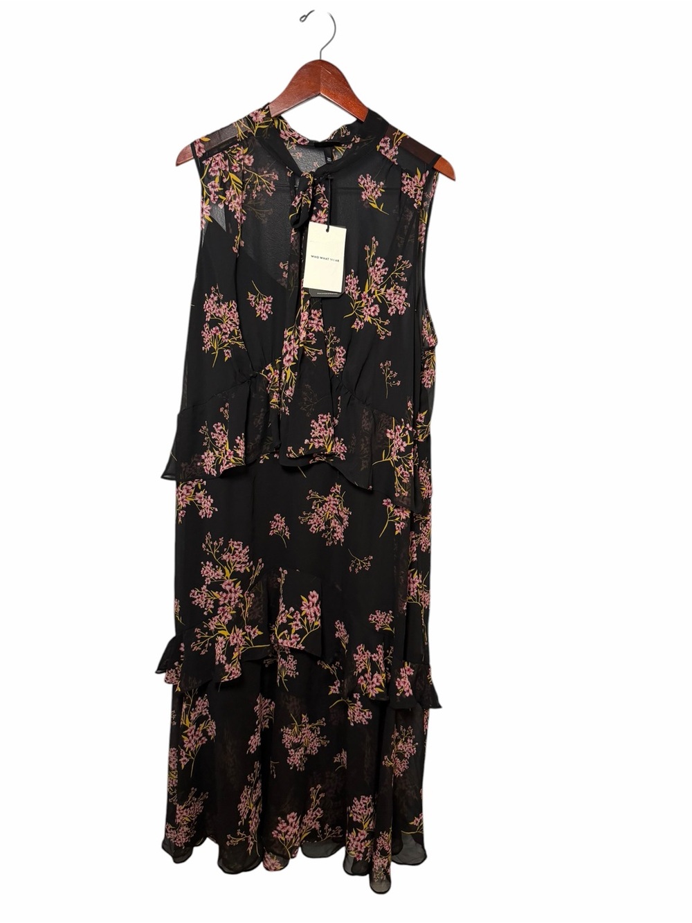 Who What Wear Black Floral Midi Dress with Tie-Neck - Picture 2 of 13